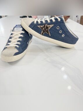 Golden Goose Denim and Leopard Horsy Sabot